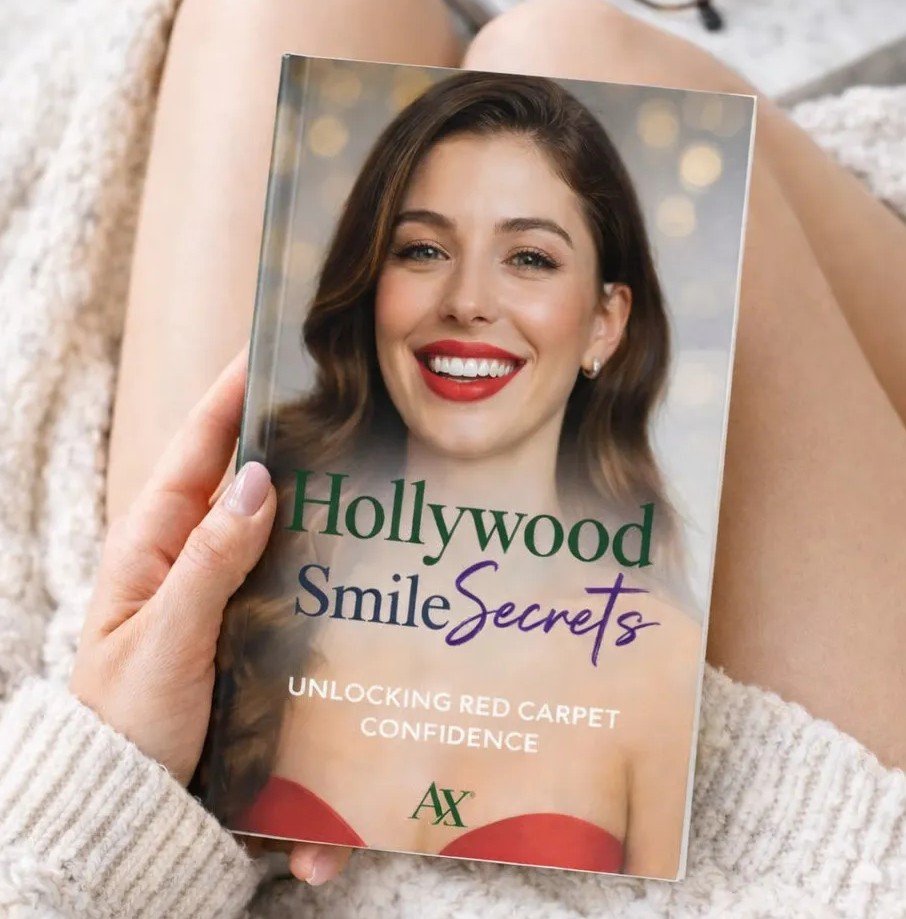 Hollywood Smile Secrets Unlocking Red Carpet Confidence bonus eBook held in a bright lifestyle setting, offered as an exclusive beauty guide for Axavive supplement customers in the US market.