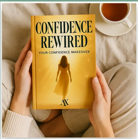 Confidence Rewired Your Confidence Makeover bonus eBook being held in a cozy lifestyle setting with a cup of tea, offered as an Axavive wellness supplement exclusive for the US market.