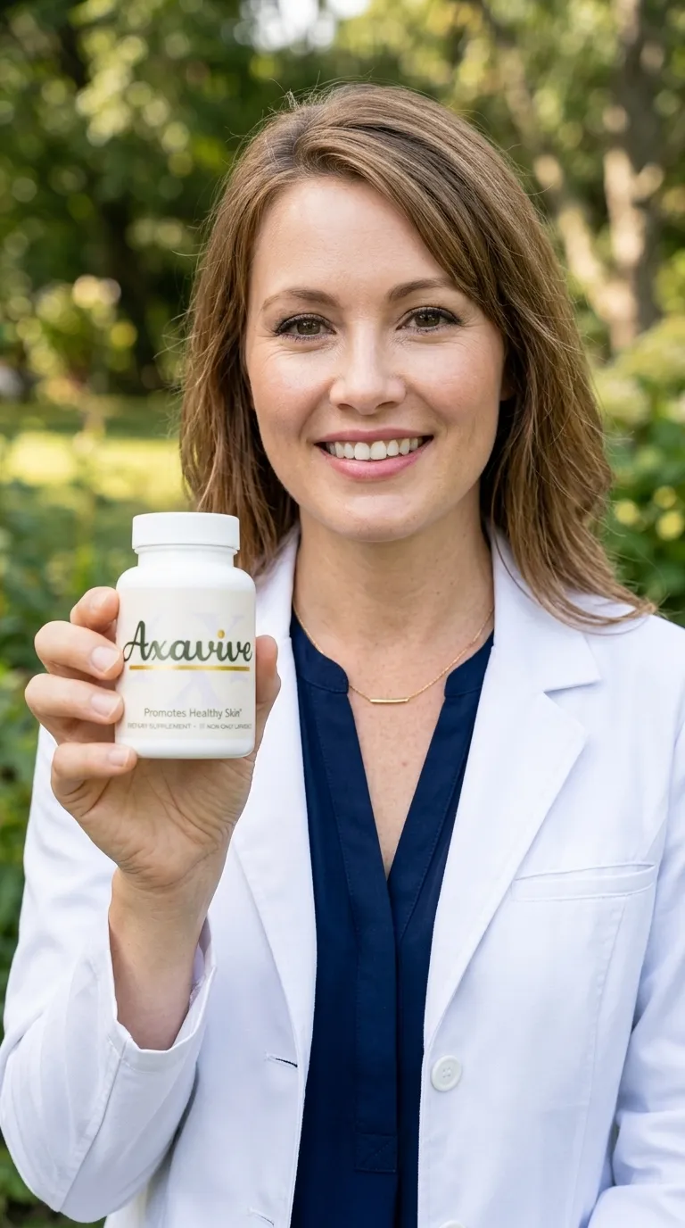 Axavive dietary supplement bottle for healthy skin held by a smiling female healthcare professional in a white lab coat with a natural outdoor background for US wellness market.