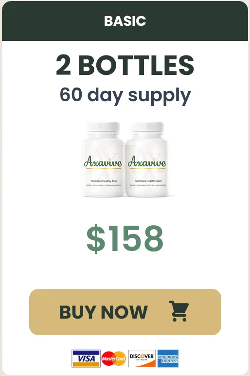 Axavive Basic package offer featuring 2 bottles of healthy skin dietary supplement for a 60-day supply at $158, optimized for US consumers seeking anti-aging wellness deals.