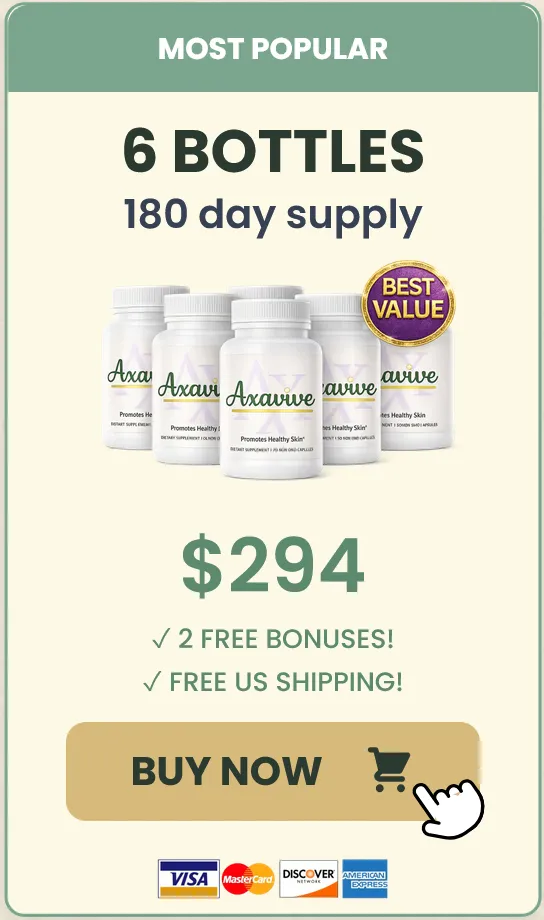 Axavive Most Popular package with 6 bottles for a 180-day supply at $294, including 2 free bonuses and free US shipping for healthy skin and anti-aging wellness.