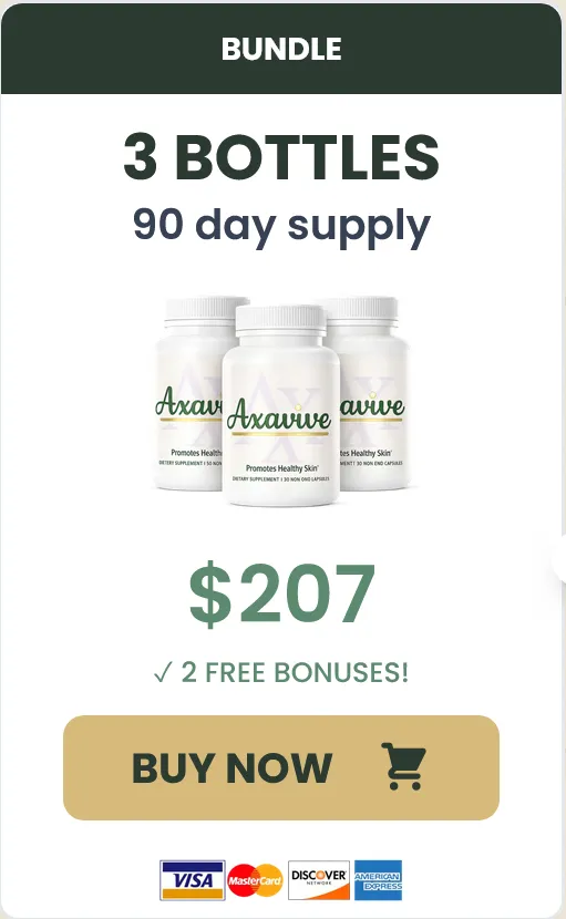 Axavive Bundle offer featuring 3 bottles of healthy skin dietary supplement for a 90-day supply at $207, including 2 free bonuses for US wellness customers.
