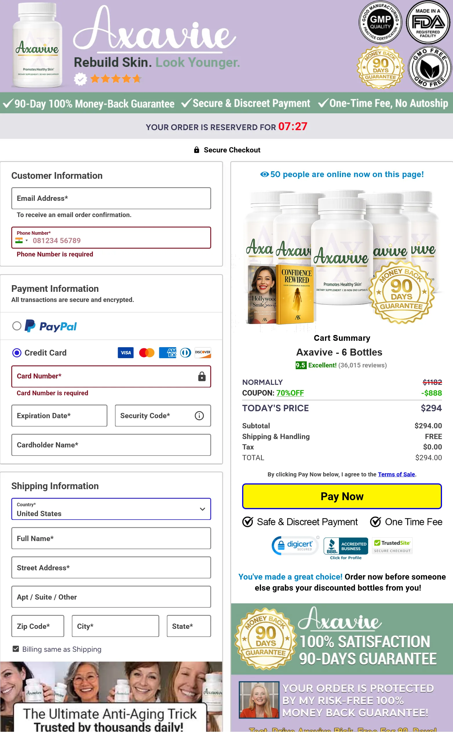 Axavive secure checkout page for 6 bottles of anti-aging skin supplement at a discounted price of $294, featuring a 90-day money-back guarantee and free shipping for the US wellness market.
