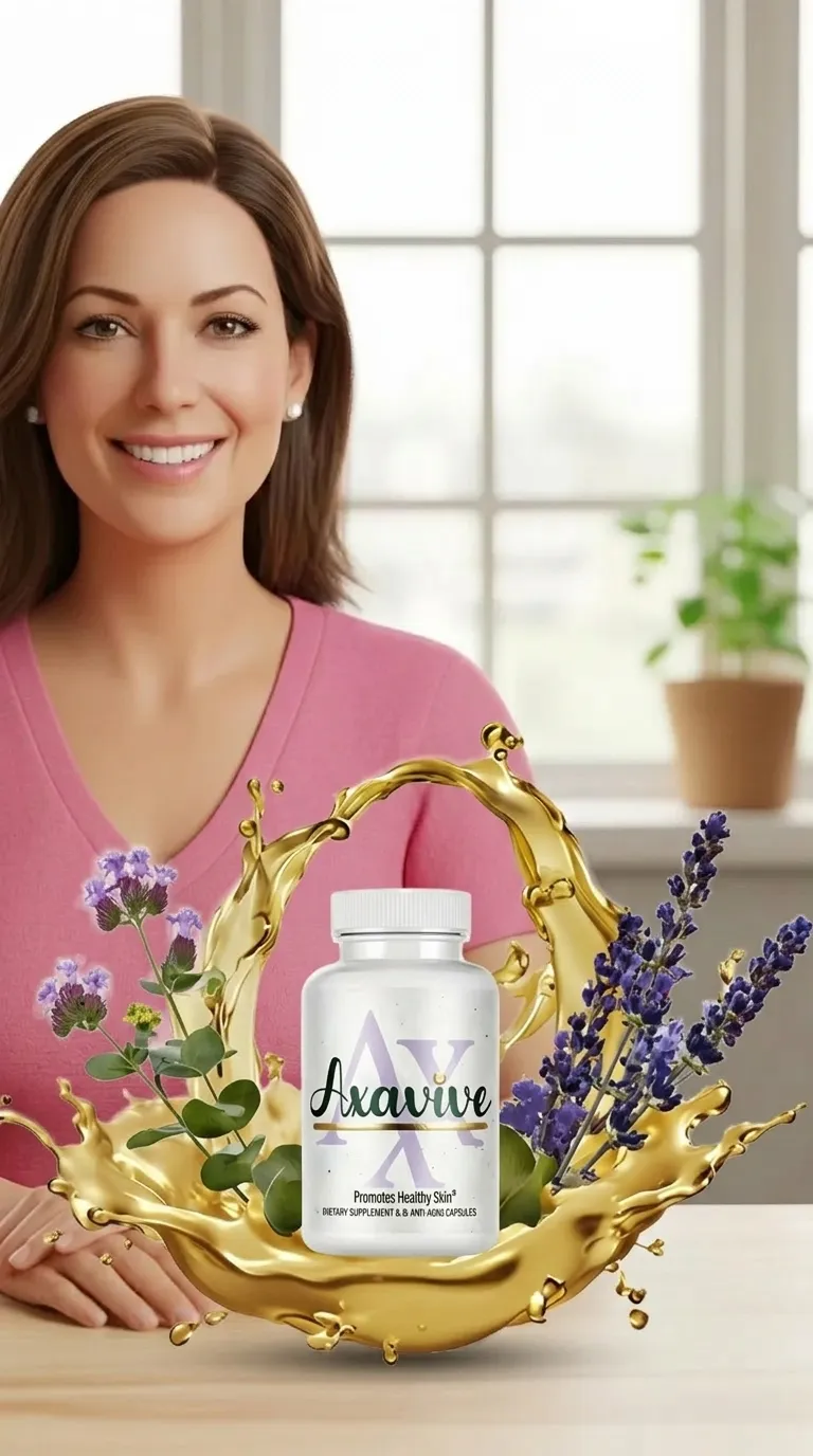 Axavive healthy skin and anti-aging supplement capsules with natural lavender and gold splash for professional wellness branding.